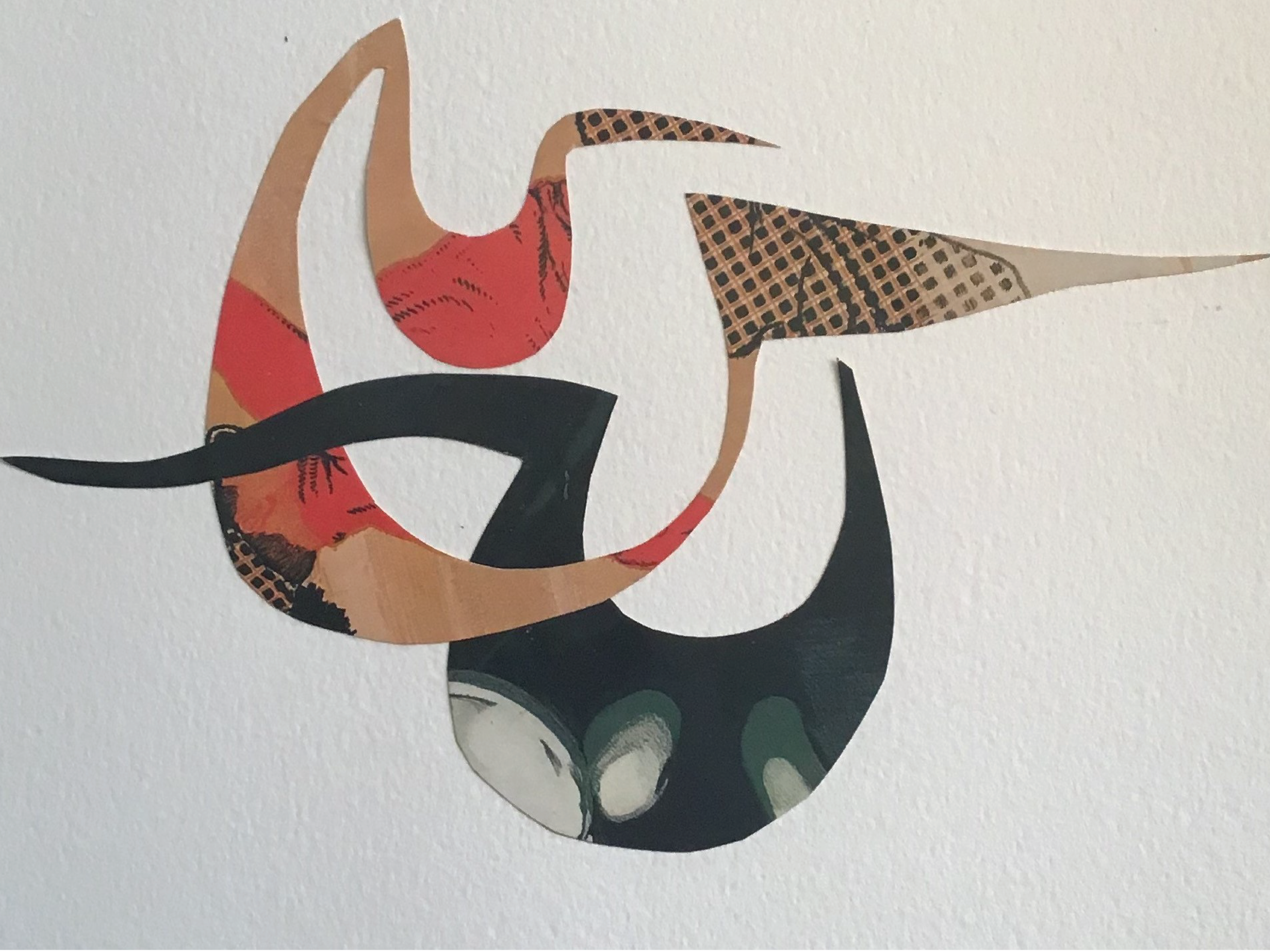 An abstract collage featuring curved, interlocking shapes in various patterns and colors, including red, black, beige, and geometric designs, placed on a white textured background.