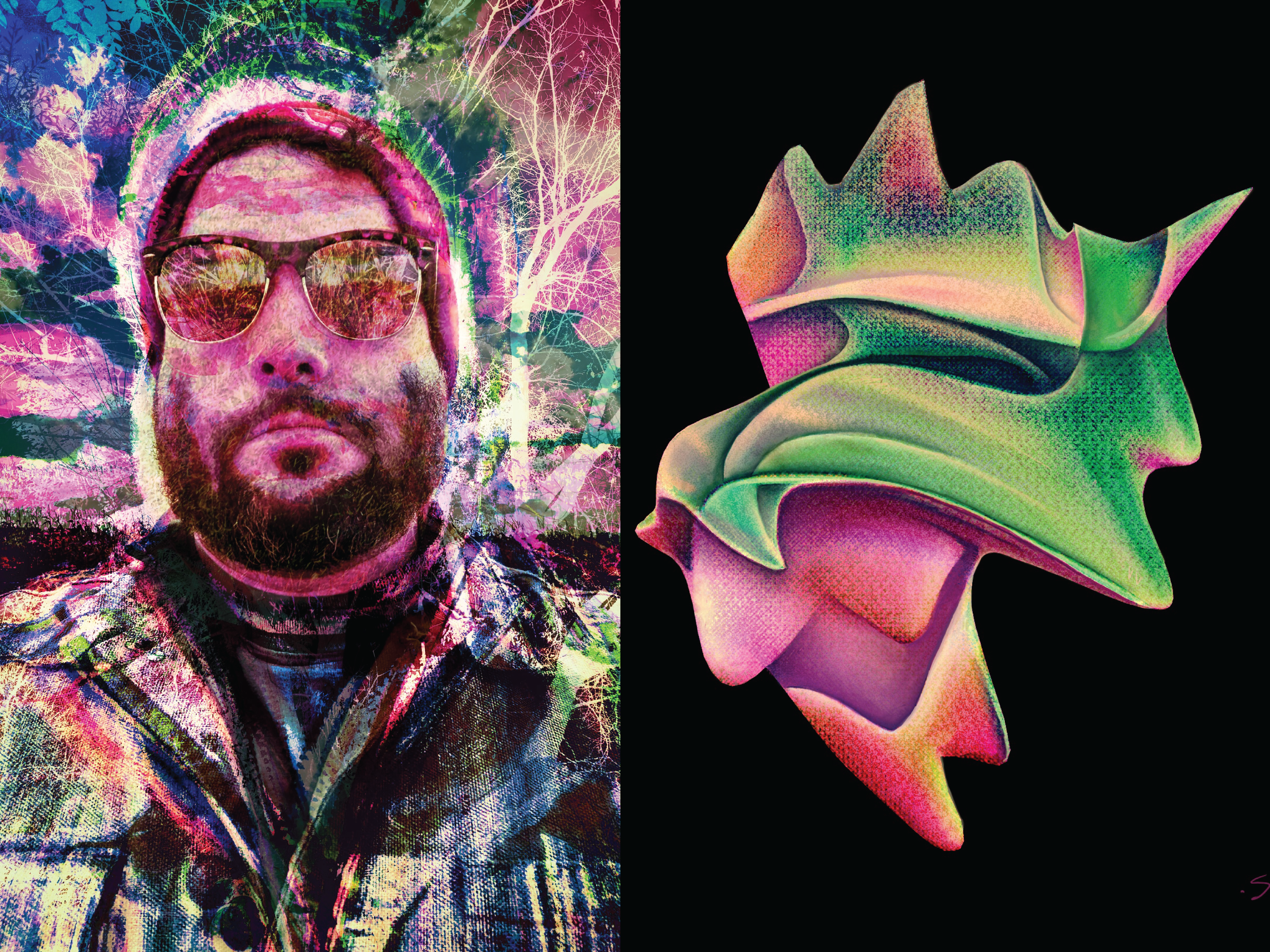 Digital portrait of artist Stewart Fanning next to an abstract piece of digital art created by the artist.