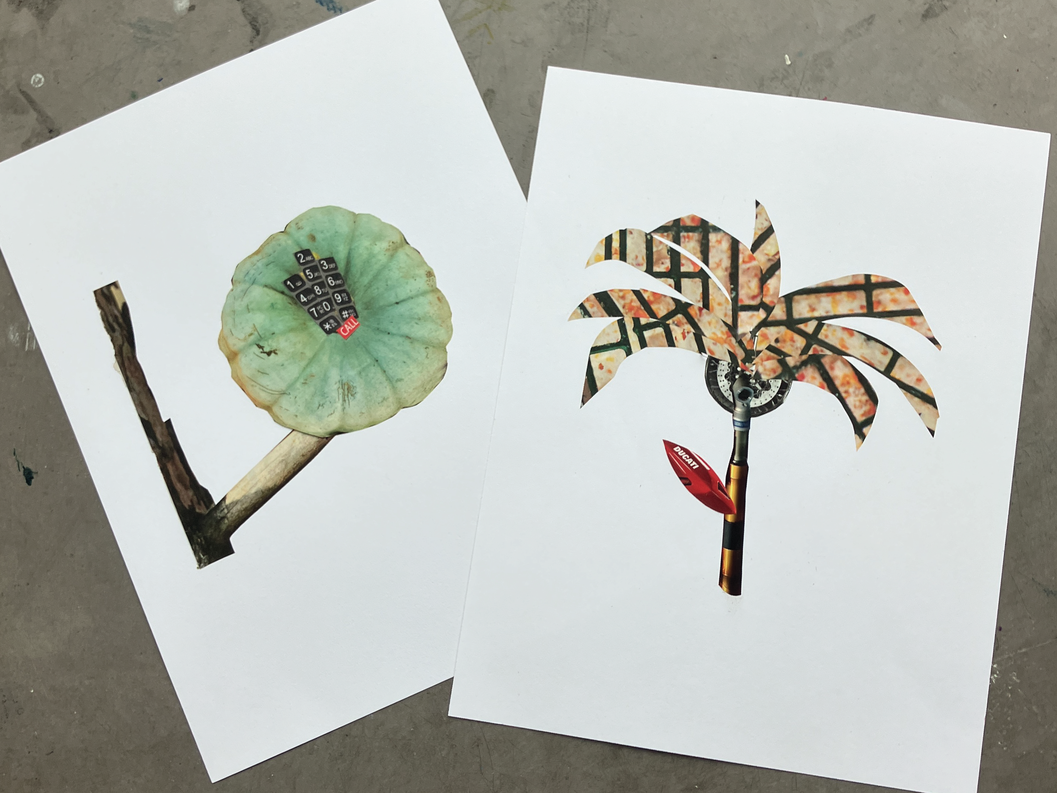 Two pieces of art depicting imaginative 'future flowers' on white paper. The left artwork features a flower with a keypad center and a branch stem. The right artwork shows a flower with patterned petals, a mechanical center, and a bright red dart element.