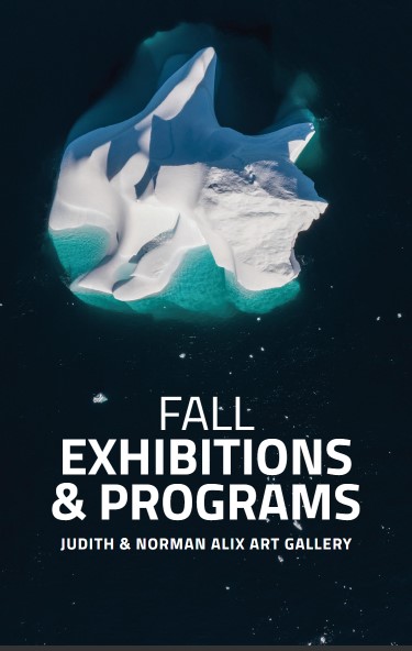 Robert Kautuk, Ice Break (instead of iceburg), 202; drone image light box with text overlay reading 'Fall Exhibitions and Programs"