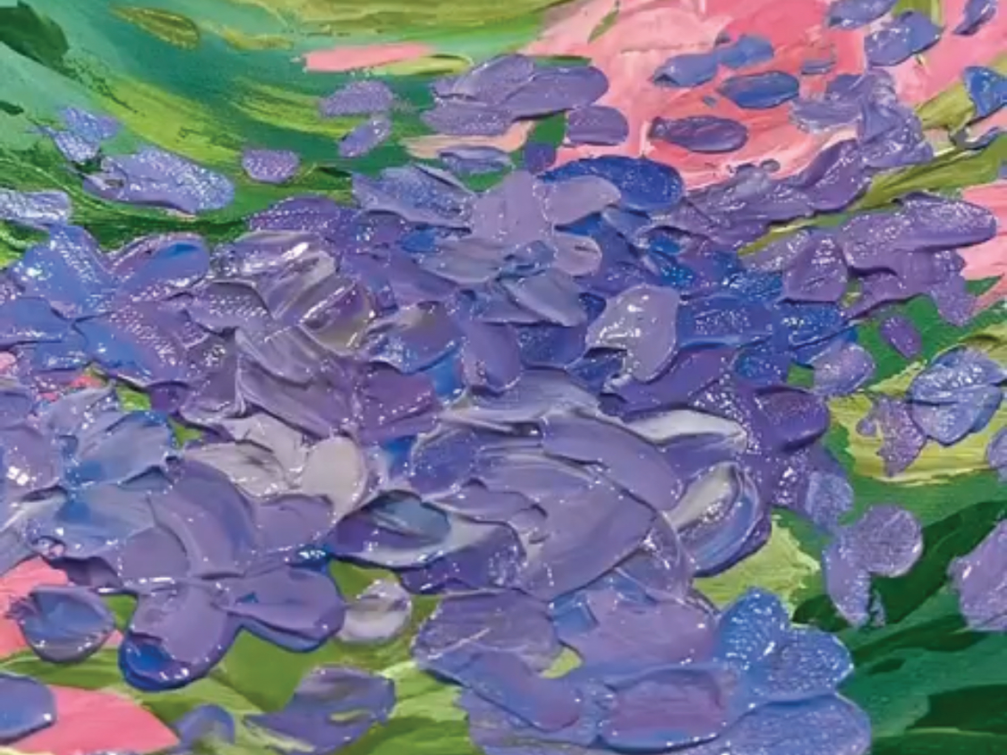 a painting with a green and pink background with purple and blue splotches on top.